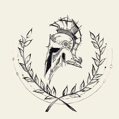 a black and white drawing of a helmet on top of a leafy branch with an arrow