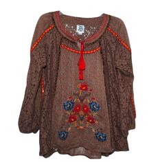 Nwot Size Small Flowy And Semi-Sheer With Beautiful Embroidery! Multicolor Embroidered Fall Peasant Top, Multicolor Embroidered Peasant Top For Fall, Peasant Embroidered Top With Multicolor For Fall, Fall Peasant Top With Multicolor Embroidery, Fall Multicolor Embroidered Peasant Top, Brown Floral Embroidery Blouse For Fall, Fall Floral Embroidery Brown Blouse, Brown Floral Embroidered Blouse For Fall, Fall Floral Embroidered Brown Blouse