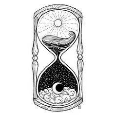 an hourglass with the sun and moon in it, sitting on top of clouds