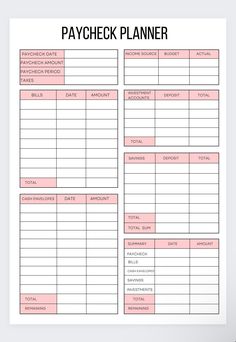 a printable paycheck planner is shown on a white background with pink accents