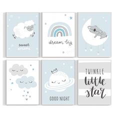 set of four cards with cute animals, clouds and stars in pastel blue colors