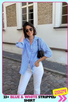 Laid-back blue and white striped shirt paired with crisp white pants for an effortlessly cool vibe. Ideal for weekend brunch or casual outings, this outfit offers confidence and comfort with a relaxed yet stylish feel. Blue White Striped Shirt Outfit, Striped Shirt Outfits, Blue And White Striped Shirt Outfit, White Striped Shirt Outfit, Outfits With Striped Shirts, Beach Girl Aesthetic, Blue And White Striped Shirt, Shirt Outfits, Blue Striped Shirt