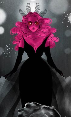 a drawing of a woman with pink hair and red eyes in a black dress standing next to a bear