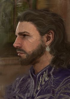 a painting of a man with long hair and beard wearing a purple shirt looking off to the side