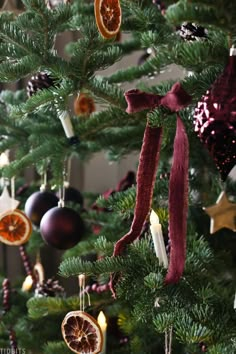 a christmas tree with ornaments hanging from it's branches and an orange slice in the middle