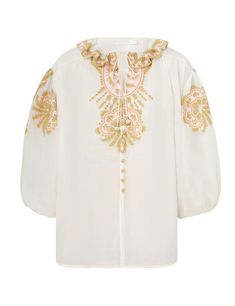 The Waverly Embroidered Top in Cream/Gold from our Summer Swim 2024 Collection. A ramie embroidered top featuring blouson sleeves and frills around neckline with ties, finished with buttons down the centre front. Swim 2024, Resort Accessories, One Piece Clothing, Resort Dresses, Summer Swim, Skirt Jumpsuit, Red Shop, Clothing Inspiration, Kids Sunglasses