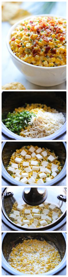 four different pictures of food being cooked in pans