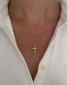 Gold Cross Necklace, Waterproof jewelry, Cross Necklace for women, gift for her, graduation gift, baptism gift, CZ cross necklace, birthday  Dainty Cross Necklace MADE TO LAST  * 14k gold filled Cross pendant 20mm x 12mm * Cubic Zirconia Stones * Stainless Steel chain - water resistant for long lasting wear *Chose your perfect length *Shown at 18" on a size Small model for reference Water & tarnish resistant!  Gold filled jewelry is durable & tarnish resistant.  Yes, you can get them wet! Filled Crucifix Cross Necklace With Clavicle Chain As Gift, Gift Cross Pendant Necklace With Clavicle Chain, Gift Cross Necklace With Clavicle Chain, Cross Necklace With Adjustable Chain Crucifix As Gift, Crucifix Cross Necklace With Adjustable Chain, Crucifix Cross Necklace With Adjustable Chain As Gift, Hypoallergenic Cross-shaped Jewelry For Gift, Hypoallergenic Cross-shaped Jewelry Gift, Hypoallergenic Cross Jewelry Gift