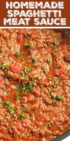 homemade spaghetti meat sauce in a skillet with text overlay that reads homemade spaghetti meat sauce