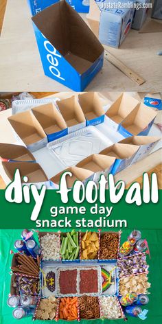 the diy football game day snack stadium is made out of cardboard boxes and paper plates