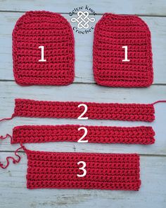 three crocheted red mitts with numbers on the front and two in the back