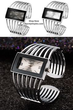 Clothing may take up more physical space in your closet, but it's the all-important accessory details that complete the look! Wear this silver bracelet watch and declare your classy sophisticated fashion style.  women's bracelet watch style | women's bracelet watch stainless steel| silver bracelet watch women| bracelet watch cuff| women's watch silver #womenswatch #silverwatch #womensaccessories #womensjewelry Trendy Silver Watch For Formal Occasions, Elegant Metal Watches With Bracelet Strap, Elegant Metal Watch With Rectangular Dial, Elegant Metal Analog Watch, Trendy Formal Watch With Rectangular Dial, Trendy Metal Watches For Formal Occasions, Trendy Silver Watch With Metal Dial, Trendy Metal Analog Watches, Silver Watches With Rectangular Dial