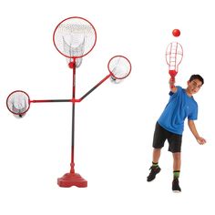 a young boy is playing with two different types of sports equipment, including a ball and net