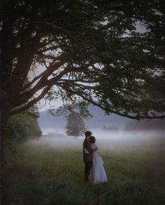 a bride and groom standing in the grass under a tree on a foggy day