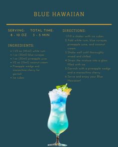 the blue hawaiian cocktail is shown with ingredients and instructions to make it into a drink