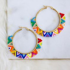 - Material: stainless steel, miyuki beads - Dimension: 52mm Turquoise Stud Earrings, Brick Stitch Earrings, Beaded Earrings Patterns, Miyuki Beads, Beaded Hoop Earrings, Beaded Hoops, Earring Patterns, Seed Bead Earrings, Brick Stitch