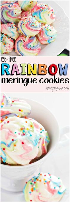 rainbow meringue cookies with sprinkles in a white bowl