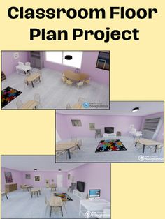 the classroom floor plan project is shown in three different pictures, including tables and chairs