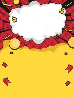 an empty speech bubble surrounded by red and yellow confetti, with white clouds in the background