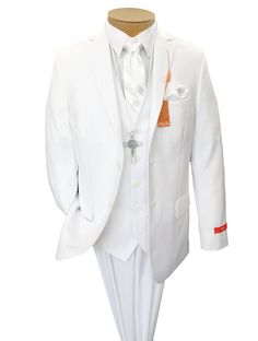 a white tuxedo suit with orange accents