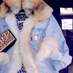 Italian Fox Fur Dyed To Hues Of Baby Blue And A Comfy Denim Jacket With Silk Padded Lining Perfect Coat To Live Your Lil Kim Fantasy’s Out In Chic Winter Medium Wash Denim Jacket, Chic Medium Wash Winter Outerwear, Dolce Gabbana Jacket, Lil Kim, Perfect Coat, Vintage Denim Jacket, Red Fox, Fox Fur, Vintage Denim