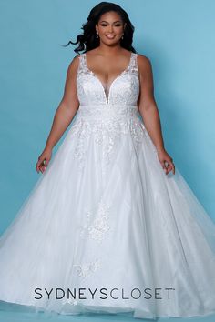 Sydney's Closet SC5255 HAZEL Wedding Dress Shimmer Lace Bridal Ball Gown. Curvy brides love this A-line silhouette wedding dress for it's flattering and oh-so comfortable fit.  Pretty floral lace appliques splashed on the bodice create a romantic look.  Glitter tulle on the second layer of the skirt creates a dreamy touch. Wedding Dress Shimmer, A Line Bridal Gowns, Timeless Wedding Dress, Wedding Silhouette, Curvy Bride, Bridal Ball Gown, Ivory Wedding Dress, Romantic Lace, Tulle Wedding