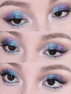 Beautiful Eye Makeup Glitter, Galaxy Makeup Looks Eyeshadows, Mermaid Makeup Purple, Purple Mermaid Makeup, Simple Purple Eye Makeup, Colorful Eyeshadow Ideas, Candy Makeup Look, Blue And Purple Makeup, Chameleon Eyeshadow