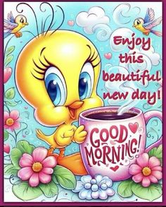 a cartoon bird holding a coffee cup with the words good morning on it's side