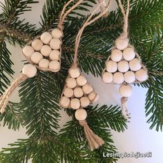 two ornaments hanging from a pine tree with white balls and twine on the branches