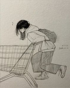 a drawing of a woman leaning on a shopping cart with her head in her hands