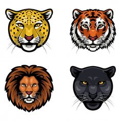 four different types of wild animals'heads in the shape of lions, tigers and leopards