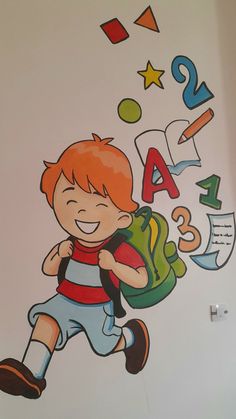 a child's drawing of a boy with a backpack and school supplies in his hand