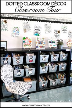 a black and white chair sitting in front of a bookshelf filled with children's books