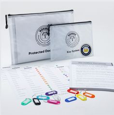 the contents of a project bag are shown with scissors and paper clips in front of it