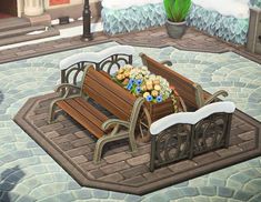 a painting of a bench with flowers in it on a stone floor next to a potted plant