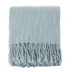 a light blue blanket with fringes on it