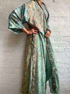 "This is light patchwork silky, kimono style robe, maxi long with front tie closing, made free size easy to wear fits all shapes and sizes can be used around the house at the beach or as a urban style robe with jeans and tshirt free size length 55\" Thank You for looking" Silk Shirt Men, Urban Boho, Bohemia Dress, Long Wrap Skirt, Silky Robe, Boho Hippie Dress, Hippie Skirts, Saree Silk, Hippie Tops