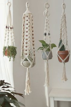 macrame plant hangers with plants in them