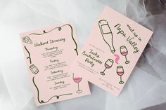 two pink and green wedding cards with wine glasses on the front one has a bottle of wine in it