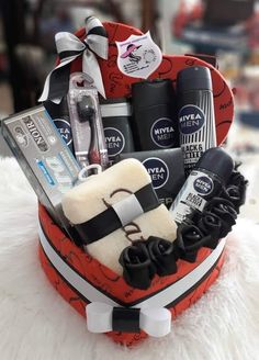 a basket filled with personal care items on top of a white furnishing area