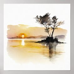 a watercolor painting of a tree on an island with the sun setting in the background