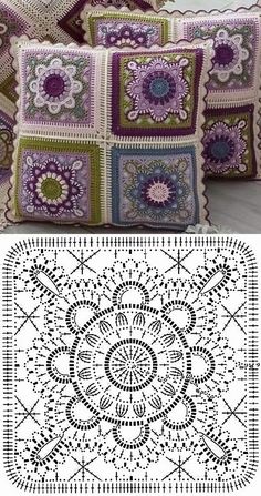 two crocheted pillows are shown with the same pattern on each pillow, and one has