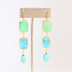 Green Chalcedony and Howlite Turquoise Drop Gold Earrings Earrings Sweet Revenge Jewelry Handmade Turquoise Chrysoprase Earrings, Turquoise Jade Earrings For Gift, Turquoise Jade Earrings With Natural Stones, Handmade Turquoise Jade Earrings, Drop Gold Earrings, Natural Turquoise Stone, Sweet Revenge, Chalcedony Stone, Green Chalcedony