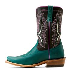 Short in height but not on sass, this boot brings the fun in the arena and out on the town. With a bold, vintage-inspired shaft and narrow cutter toe, it's a modern take on tradition for today's cowgirl. Futurity Colt Western Boot | Product Features : 0 : ATS® technology provides ergonomic support on uneven terrain, 1 : TekStep provides toe-to-heel cushion for comfort, 2 : Removable All Day Cushioning insole, 3 : Vegetable-tanned leather sole, 4 : Five-row stitch pattern | Women's Futurity Colt Green Western Boots For Rodeo, Western Green Snip Toe Boots, Green Western Ankle Boots, Green Western Style Ankle Boots, Western Turquoise Boots For Rodeo, Fitted Green Snip Toe Boots, Green Leather Western Boots, Turquoise Western Boots With Snip Toe, Green Boots With Reinforced Heel And Fitted Design