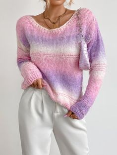 Bear Pattern Contrast Trim Sweater | SHEIN ASIA Ombre Sweater, Multicolor Sweater, Women Sweaters, Boatneck Sweater, Bear Pattern, Contrast Trim, Sweater Fashion, Knitwear Women, Crochet Designs