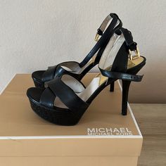 New Michael Heels Leather Kors Heels 8.5 Black Ankle Strap Mk All Over New W Box $298 Luxury Michael Kors Ankle Strap Heels, Formal Michael Kors Heels With Branded Insole, Michael Kors Formal Heels With Branded Insole, Michael Kors Evening Platform Heels, Michael Kors Black 4-inch Heels, Luxury Michael Kors High Heels, Michael Kors Synthetic Heels With 4-inch Heel, Michael Kors High Heels With Branded Insole, Michael Kors Luxury Heels With Round Toe