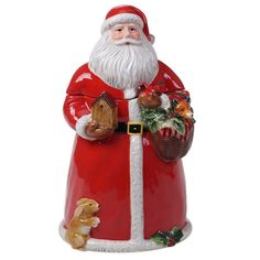 a santa clause figurine holding a basket full of christmas decorations and presents on it's chest