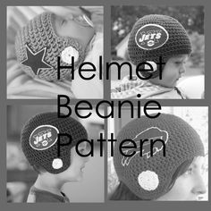 three pictures of the same hat with different buttons on it, one has a football helmet and two are crocheted