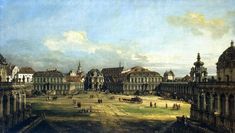 an old painting of people and buildings in a town square with horses and carriages on the road