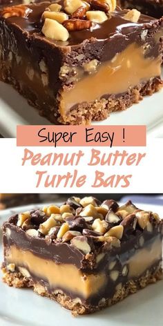 peanut butter turtle bars on a white plate with text overlay that says super easy